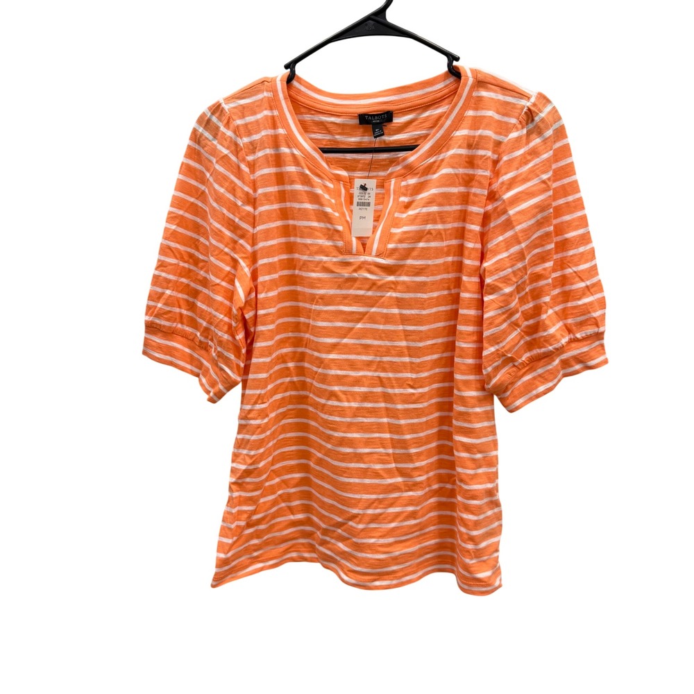Talbots Petite‎ Orange White Striped Split Neck Puff Sleeve Top PM NWT 56815474